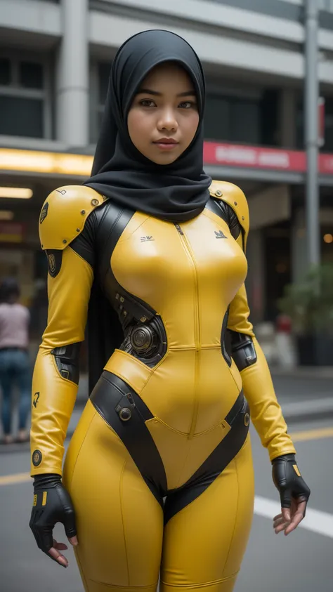 a Malay teenage girl in hijab and mecha suit standing in action pose in front of bustling Kuala Lumpur Malaysia city streets, serious face, beautiful body, nighttime, 35mm lens, Extreme close-up, pastel color grading, depth of field cinematography effect, ...