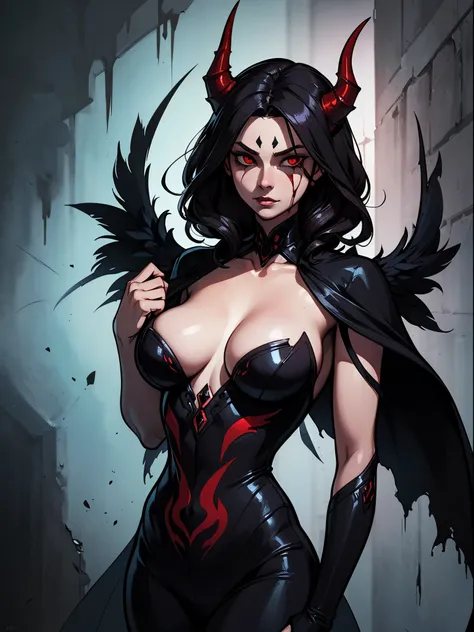 A darkly magnificent raven demon, cloaked in gothic allure, exudes an eerie beauty that transcends the shadows. Its sleek, obsidian feathers shimmer with a subtle sheen, contrasting sharply against blood-red eyes that seem to pierce the very soul. The imag...