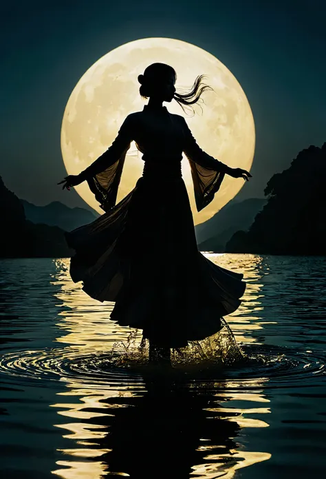 (纯black silhouette,heroine silhouette:1.5),(fighting posture，strong dyna pose:1.4),on  the lake，high contrast, movie lighting, e...