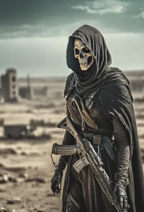 (Realistic:1.4), analog photo style, depth of  field,  mid-shot, Vivid colors, fragile, vulnerable, female reaper, sad, worried expression, looking away, from above, down to ground, professional photoset in post-apocalyptic style, insanely detailed, intric...