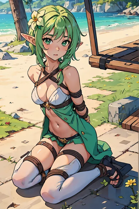 anime girl sitting on the ground, elf girl, nervous anime girl, skinny legs, bondage, brown rope, elf ears, green hair, flower in hair, 8k