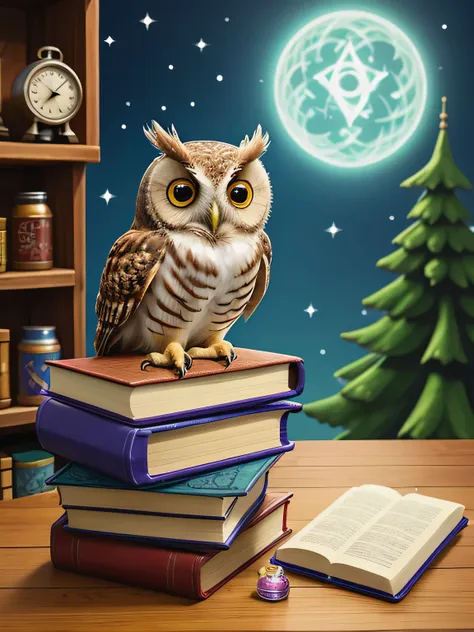 a cute owl sitting on top of spell books, surrounded by potion, arte de pixel de anime --v 4