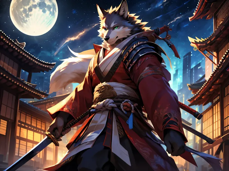 posted on e621, (by Chunie), male, Wolf anthro, solo, light green eyes, (Realistic eye details 1.2), anime character with a sword in a city at night, onmyoji detailed art, fox nobushi holding a naginata, onmyoji, fox nobushi, colorful kitsune city, anthrop...