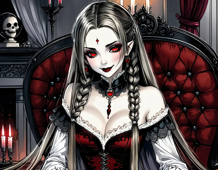 (Pencil sketch :1.2), (Ultra HD, realistic, Intricate, Masterpiece :1.2), a vampire princess dressed in luxurious silk with tall male slaves, ubiquitous bat decorations, hair that covers half of her cheeks, nifty long braids, smiling lips with bloodstained...