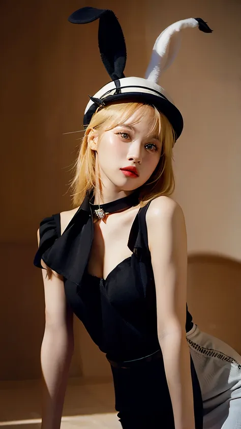 a todo color, photograph of a blonde bunny girl wearing a black fedora hat, orejas de conejo, vestido negro sexy, cielo estrellado, collar con una estrella en su cuello, portrait photography, fantasy art