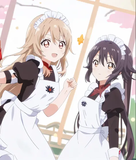 两个Dressed as a maid的女人并肩站着的动漫形象, Riding an early anime maid, Yuru Yuri, official studio anime stills, official anime stills, Qingan!, 穿着maid outfit的动漫女孩, Qingan, Star, High quality anime stills, anime stills, Star style anime, Kyoto animation stills, Dress...