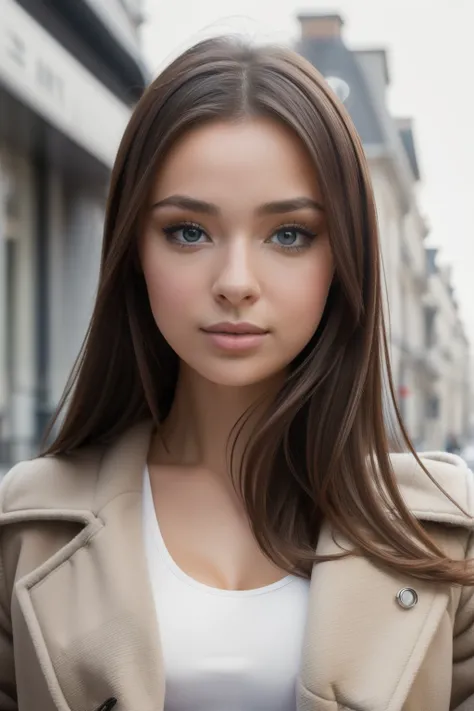 proFessional portrait photograph oF Sophie Mudd in winter clothing , beautiFul symmetrical Face, joli maquillage naturel, des yeux marrons trés detaillé qui regarde lappareil, wearing elegant winter Fashion clothing, ((debout dehors dans une rue enneigée d...