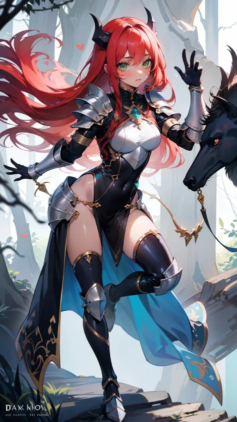 Masterpiece, 1girl, (daemon-like girl), red hair and Green eyes, with dark skin tone and 2 small horns, detailed face, detailed hair, detailed eyes, detailed costume, full body, Lady knight and princes, light armor, fantasy, closed mouth, action pose, deta...