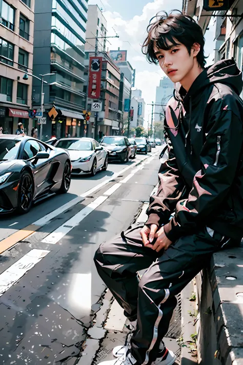 1 menino, Sozinho, moletom preto, black long pants, sapatos brancos, frente da Lamborghini, rua, Pele branca, 18 anos, sentado irregularmente, cabelo preto, olhos pretos, inocente, rosto detalhado, olhos detalhados, Photo at eye level, raios de deus, Luz b...