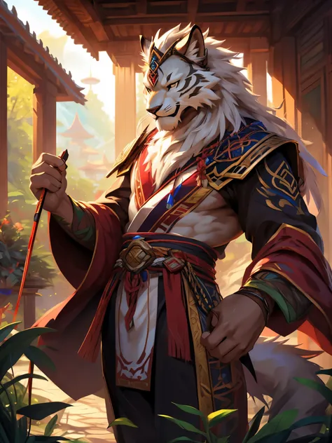 posted on e621, (by Chunie), male, Wolf anthro, solo, (Realistic eye details 1.2), anime character with a white lion on his head and a pink robe, tabaxi monk, of anthro leopard warlock, inspired by Hu Zaobin, inspired by Cao Zhibai, artstation painting, on...