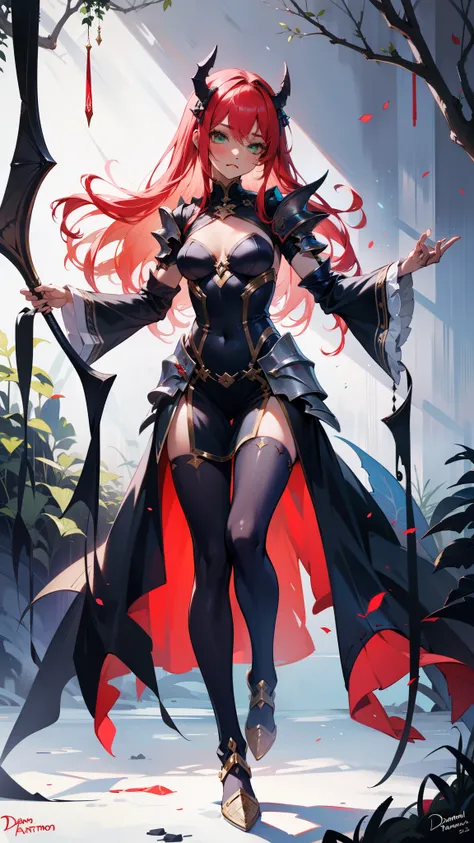 Masterpiece, 1girl, (daemon-like girl), red hair and Green eyes, with dark skin tone and 2 small horns, detailed face, detailed hair, detailed eyes, detailed costume, full body, Lady knight and princes, light armor, fantasy, closed mouth, action pose, deta...