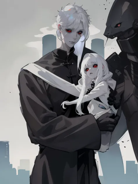 (Best quality:0.8) 1 man, snow-white hair, snow-white eyes, Slim, insane, snow-white simple robe, insane взгляд, Black sclera of the eyes