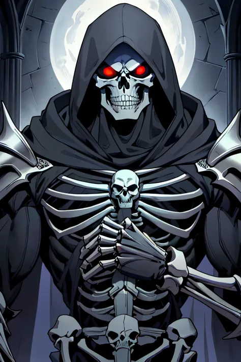 Skeletor, the skeletal being, is characterized by a skull devoid of flesh, with empty orbits and a full mouth filled with sharp, pointed teeth. His head is dominated by a dark hood, accentuating his sinister appearance. His entire body is covered in a dark...