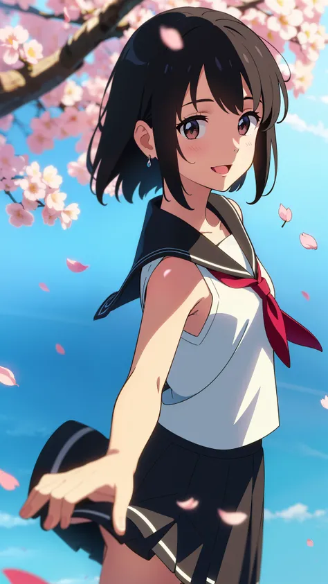 shinkai makoto, kimi no na wa., 1girl, bangs, black hair, blush, round eyes, bright eyes, brown eyes, red headband, red bow, red ribbon, short hair, shinny hair, smile, open mouth, cute, beautiful, shiny skin, looking at the viewer, solo, black sailor coll...