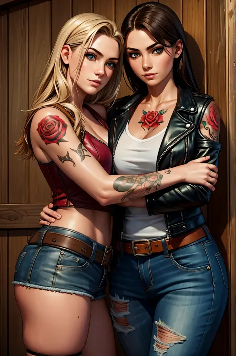 2girls, Young adult women 22 years realistic, cowboy shot, biker girl, rose tattoos, touching, hugging, lesbian, looking at camera
