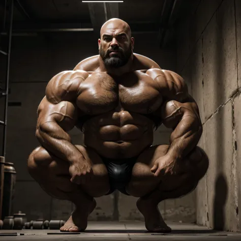 A photorealistic image of a muscular, bearded, and bald man with massive thighs and arms, crouching in a dimly lit room. The room features rough concrete walls and is adorned with iron poles and chains, contributing to the dark, industrial ambiance. The ma...