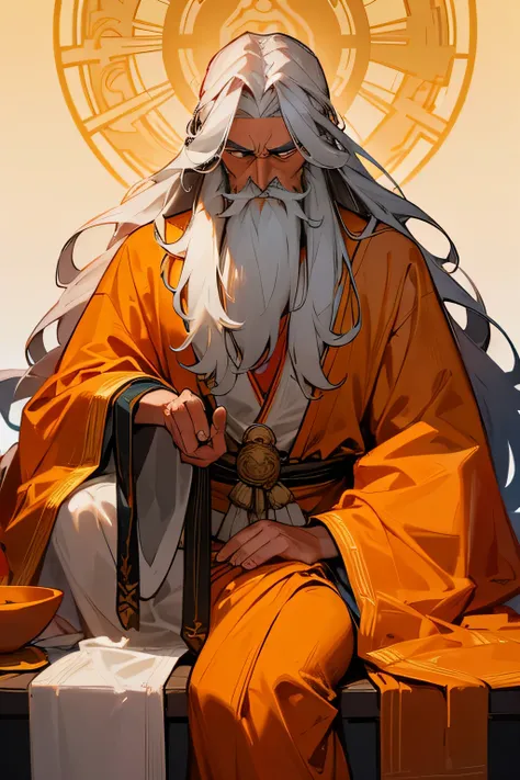 An ancient Hindu male sage with a statuesque height and a long, flowing beard. His piercing, well-defined eyes gaze out from beneath a serene, yet wise expression, seemingly penetrating the very souls of those who look into them. The sage is adorned in an ...