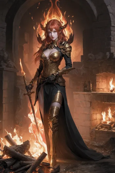 1 girl,arch,armor,autumn,breast,breathing fire,combustion,campfire,Candle,Candlelight,ember,explode,fire热的头发,fire,fireplace,fire焰,fire焰剑,flaming arms,handguard,long hair,looking at the audience,magic,medium breast,molten rock,pointed ears,thermal power,smo...