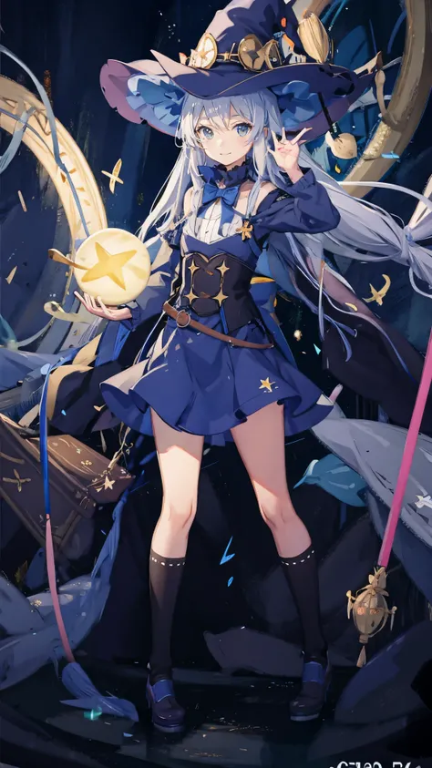 ((magic使いの女の子:1.5)), Full body shot，perfect face, beautiful face, highly detailed face，(blue long hair_yellow eyes:1.3)，(witch hat:1.3)，Witchs broom，magicの杖，book of magic，night sky，たくさんのstar，shine，Light，smile，magic，Sparkling，月Light，starの粒，star々，moonlight，流...