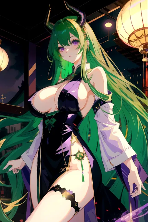 masterpiece、high quality、girl、green hair、purple eyes、big japanese horn、Scandinavian black dress、Beautiful leg lines、big breasts、long hair、