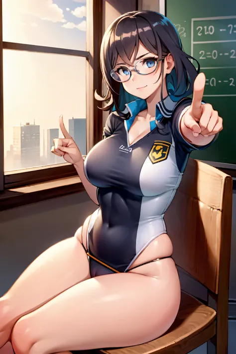 Profesora sexy en un aula dando clases,con gafas y rl pelo recojido,muy guapa,pointing at the stone and teaching mathematics,uniforme escolar apretado y ajustado a su cuerpo voluptuoso,falda corta y escote a la vista,alumnos sentados en sus asientos,profes...