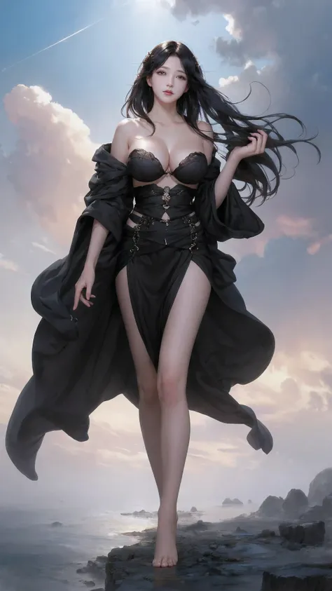 1 girl, breast, alone, barefoot, large breast, black hair, split, cloud, Sky, long hair, looking at the audience, no underwear, Hagoromo, black eyes, shawl