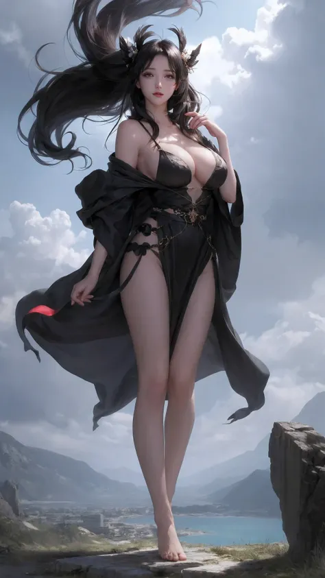 1 girl, breast, alone, barefoot, large breast, black hair, split, cloud, Sky, long hair, looking at the audience, no underwear, Hagoromo, black eyes, shawl