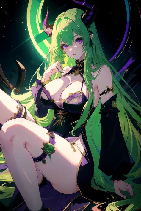 masterpiece、high quality、girl、green hair、purple eyes、two big horns、Scandinavian black dress、Beautiful leg lines、big breasts、long hair、