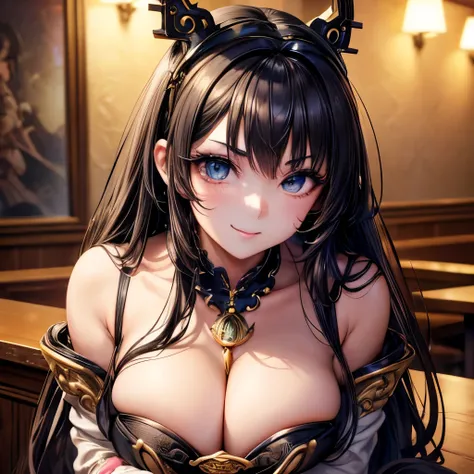 masterpiece. A full-body picture of a gorgeous model ((stunning face, smokey anime eyes, thin eyebrows, long eyelashes, flirty smile, winning smile, mid-twenties, DD-size breasts, anime hair)) with a playful smile, full body shot. Steampunk style bar in th...