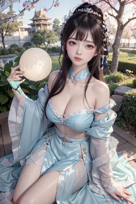 a princesse de 8 ans mignonne Hanfu  dynasty open V-chested clothes royal, Toutes les photos, Wet body of fine silk fabric, Thin silk lace jupon,princesse de 8 ans mignonne, (huge tits，clivage),jupon, blanc rose, bleu ，best quality，chef-d&#39;artwork，ultra...