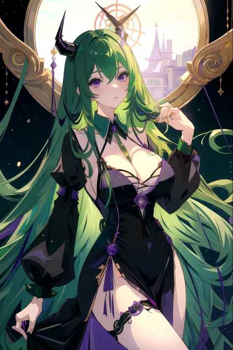 masterpiece、high quality、girl、green hair、purple eyes、大きな2本のwinding angle、Scandinavian black dress、Beautiful leg lines、big breasts、long hair、winding angle、rolled horn