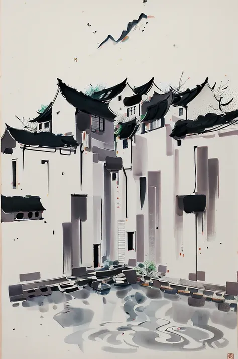 (abstract ink painting:1.5)，author:wu guanzhong,author:wu guanzhong，wu guanzhong的艺术风格，the fusion of chinese ink painting and mod...