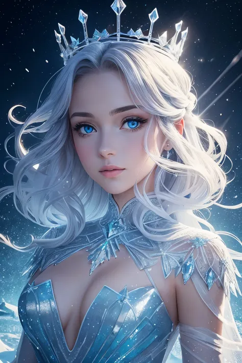 Une princesse enrobée dune armure de glace se tient devant vous. Sa silhouette élancée et sinueuse est enrobée dans des pans de glace brillants, reflecting ambient light with impeccable shine. His face is framed by a crown of frozen crystals, mettant en re...