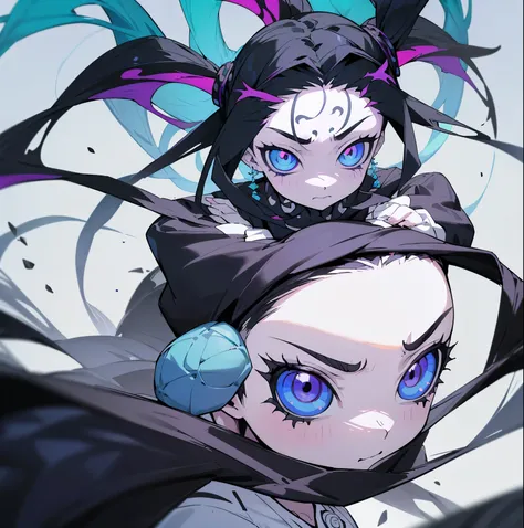 ((Anime Mujer)) ((with black sclera)) ((ojos color azul y con la piel blanca y ella tiene el cabello color blanco)) ((estilo demonio de Kimetsu no Hay))