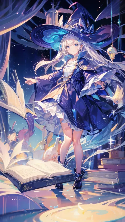 ((magic使いの女の子:1.5)), Full body shot，perfect face, beautiful face, highly detailed face，(blue long hair_yellow eyes:1.3)，(witch hat:1.3)，boots，Witchs broom，magicの杖，book of magic，night sky，たくさんのstar，shine，Light，smile，magic，Sparkling，月Light，starの粒，star々，moonl...