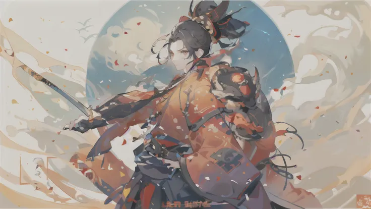 Close-up of a person holding a sword in front of the sun, Krenz Kushart and Wenjun Lin, Gwaites style artwork, titi luadtone, Inspired by Li Gonglin, Written by Li Song, Artjam and Ati Gailan, Works inspired by Kano Hogai, samurai champloo