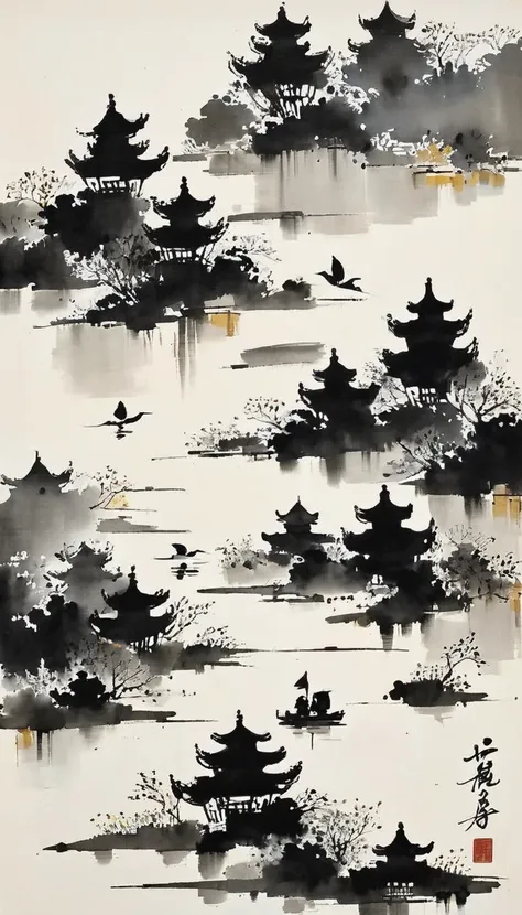 (abstract ink painting:1.5)，author:Wu Guanzhong,author:Wu Guanzhong，Wu Guanzhong的艺术风格，The fusion of Chinese ink painting and modernist aesthetics，Simple yet powerful lines and shapes，minimalist，