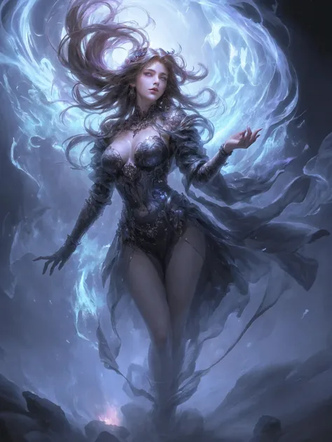 (best quality, high resolution, Super detailed, actual, photo-actual), digital painting, bright colors, mysterious atmosphere, dark background, glowing eyes, charming expression, flowing hair, ethereal beauty, floating ghostly figure, intricate jewelry, ch...