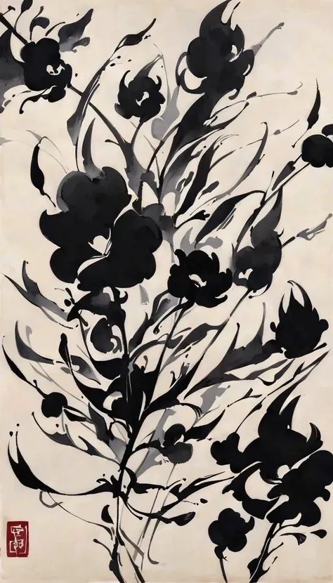 (abstract ink painting:1.5)，author:Wu Guanzhong,author:Wu Guanzhong，Wu Guanzhong的艺术风格，The fusion of Chinese ink painting and modernist aesthetics，Simple yet powerful lines and shapes，minimalist，