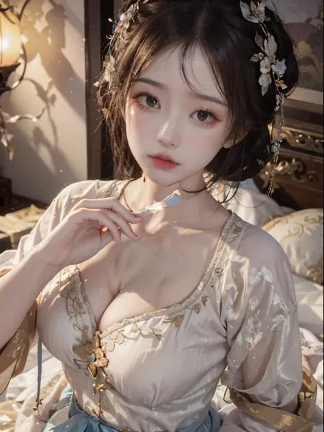 Royal dynasty with wet tits,  la plus haute qualité, Meilleure qualité d&#39;image, exaggerated detail, jolie fille asiatique de 8 ans avec une expression timide, Slightly squinted eyes, ajuster ses cheveux, long cils (long / very,  Hanfu Silk Dynasty Roya...