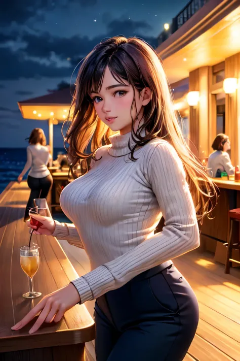 3girls women nautical wear sweater slacks at the bar lounge luxury yacht carribean ocean night time (masterpiece:1.2) (photorealistic:1.2) (bokeh) (best quality) (deck party) (intricate details) (8k) (HDR) (analog film) (canon d5) (cinematic lighting) (sha...