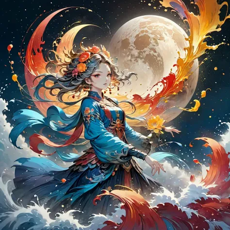 Jupiter, splash art, 关闭液体发Light的月亮女士由颜色制成, Silver, Red, Tangerine, Light, Gray gold, liquid fire peony flower, filigree, filigree detailed, spinning flames, galaxy, color drops, Colored waves, moonLight, Color paint splatter style, Super detailed complex d...