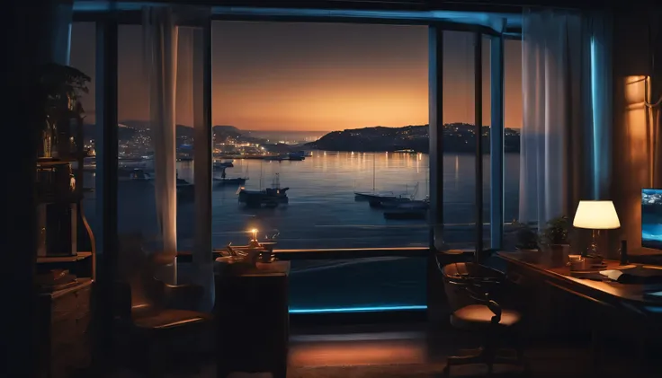 darkroom, night, table, a cup of coffee, soft shadow, Stylish and modern, luminous screen, cold blue light, flowing transparent white curtains.You can see the fishing port and sea view from the window, Very detailed, anime scenery