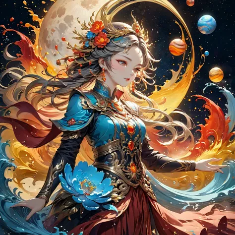 Jupiter, splash art, 关闭液体发Light的月亮女士由颜色制成, Silver, Red, Tangerine, Light, Gray gold, liquid fire peony flower, filigree, filigree detailed, spinning flames, galaxy, color drops, Colored waves, moonLight, Color paint splatter style, Super detailed complex d...