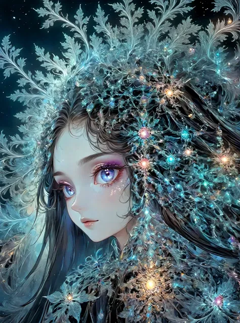 official art,Beautiful and beautiful,1 girl,long hair,pretty face,exquisite eyes,colorful,jewelry,night,(actual:1.5),Very detailed,(Fractal art:1.3),witch,