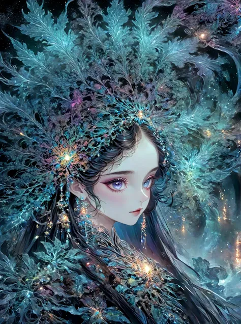 official art,Beautiful and beautiful,1 girl,long hair,pretty face,exquisite eyes,colorful,jewelry,night,(actual:1.5),Very detailed,(Fractal art:1.3),witch,