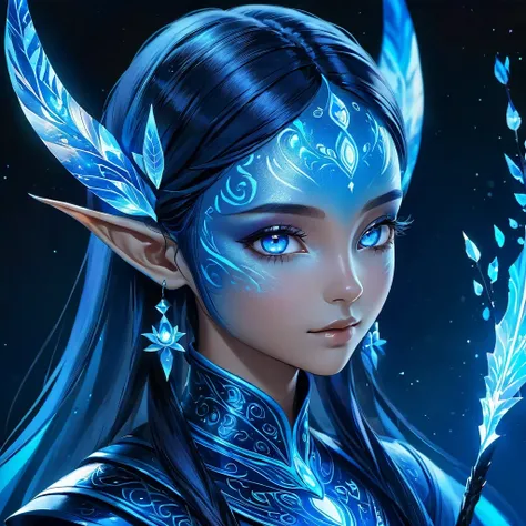 Blue humanoid avatar，Bioluminescent avatar marks spots and patterns on skin. pointed elven ears. hair like avatar, hair color black, sparkling blue eyes, iridescent blue skin，with a hint of shimmer. Miss, Like a fighter, magical and mysterious, Detailed Re...