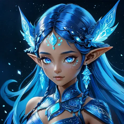 Blue humanoid avatar，Bioluminescent avatar marks spots and patterns on skin. pointed elven ears. hair like avatar, hair color black, sparkling blue eyes, iridescent blue skin，with a hint of shimmer. Miss, Like a fighter, magical and mysterious, Detailed Re...