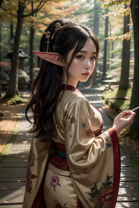 (Super elaborate CG Unity 8K wallpaper), (masterpiece), (highest quality), (realistic), geisha, kimono, dance, elf, pointed ears, ((best quality)), (super detailed)), (((photo)), autumn Japan forest  