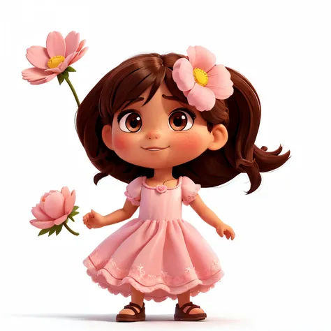  morena, 6 anos, Various poses and expressions on a white background, no estilo de uma simples, Eyes are dark, with a baby pink flower dress